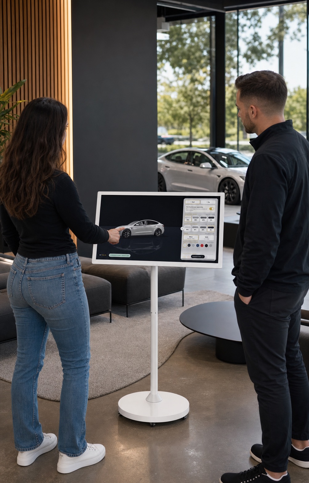 Two people at a lobby touchscreen configuring a car in the 3D Cars Studio configurator