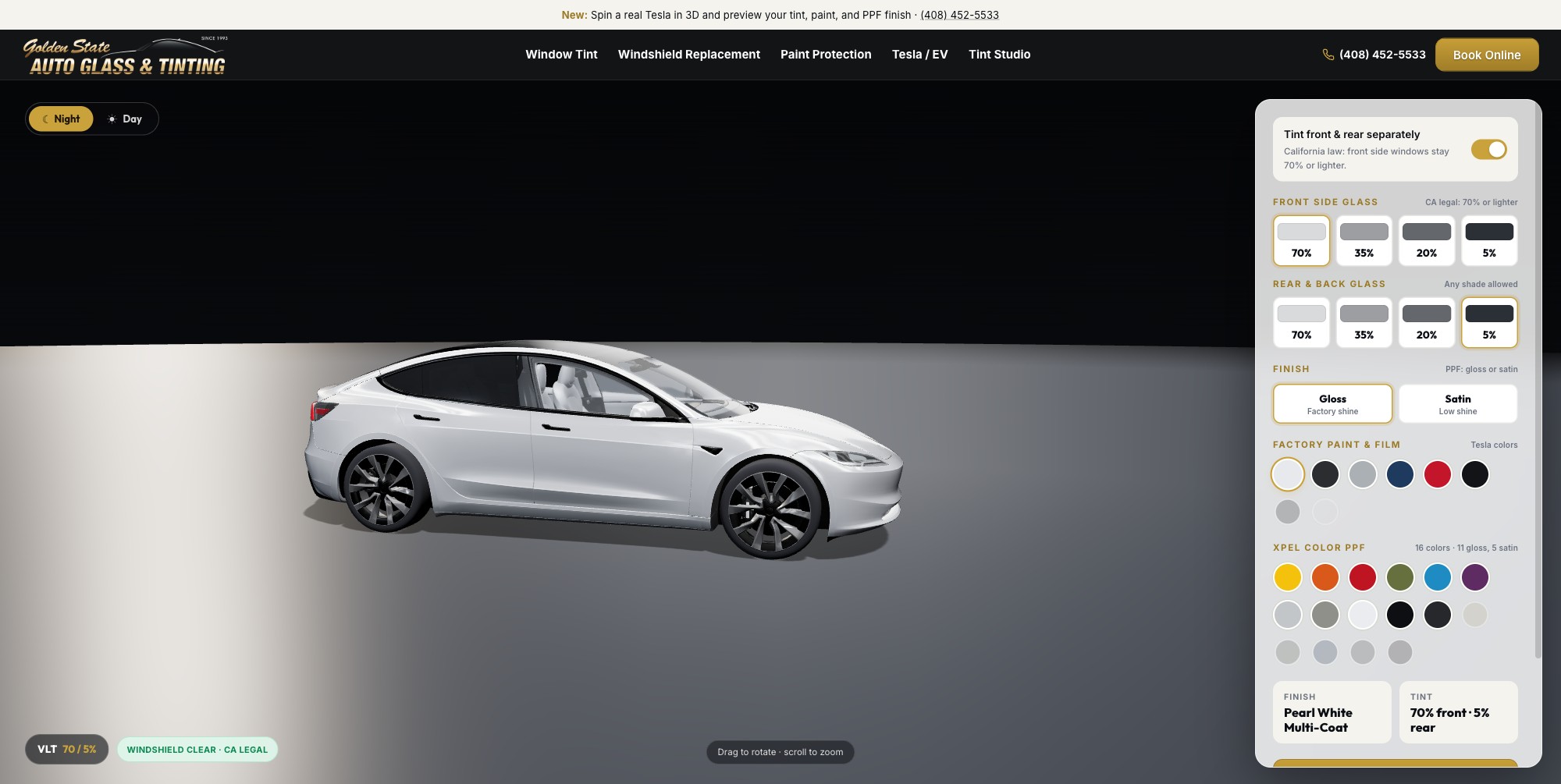 Golden State's interactive 3D tint studio showing a Tesla with live tint and paint options