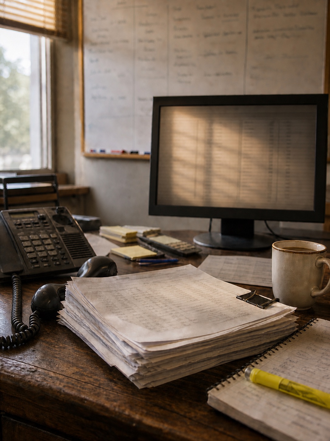 A long-running logistics back office at the end of the day: a landline handset off the cradle, a thick clipped stack of printed rate sheets, a handwritten notebook, and a whiteboard of hand-drawn columns behind