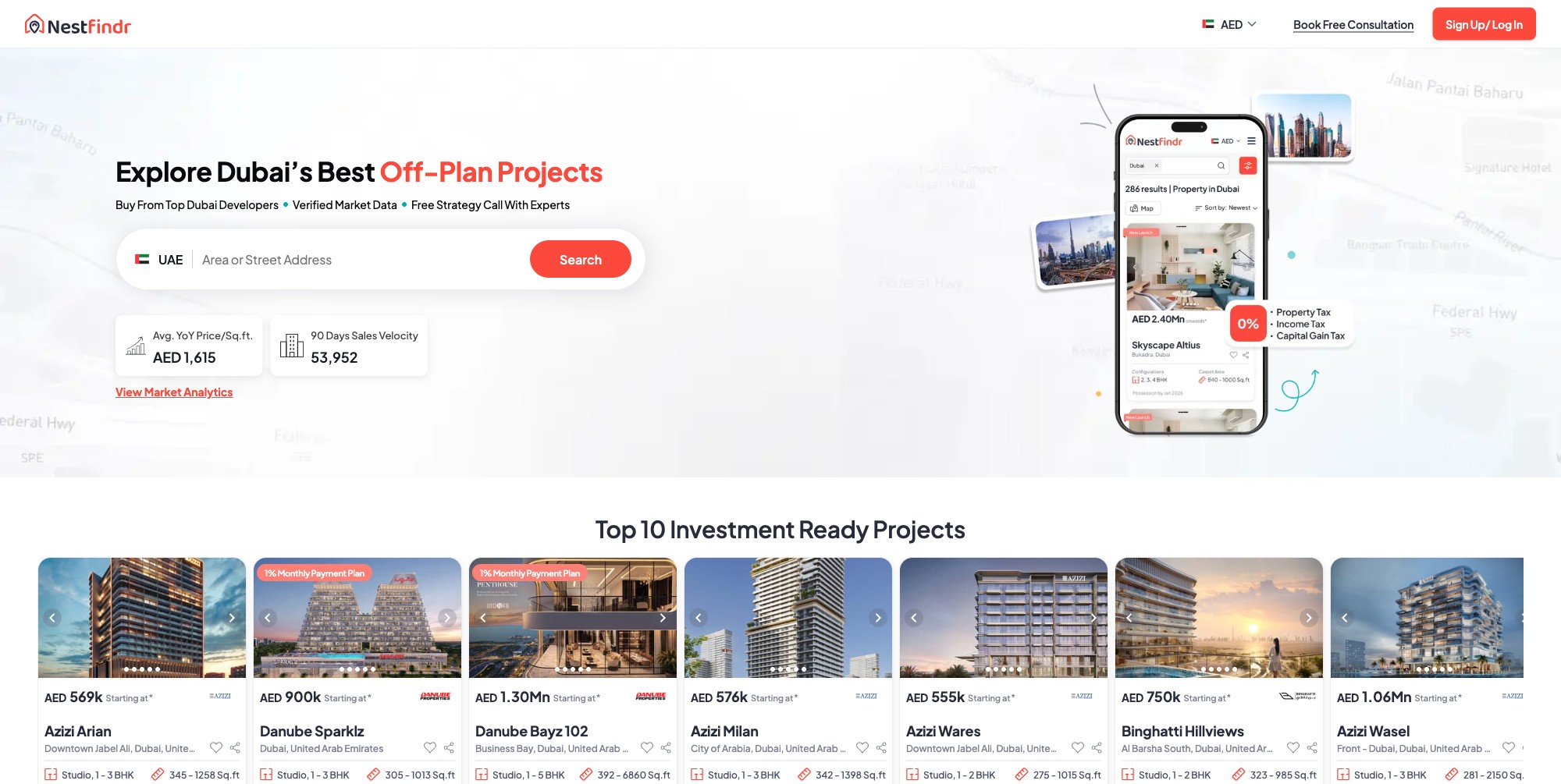 NestFindr cross-border real estate investment platform with live Dubai market data