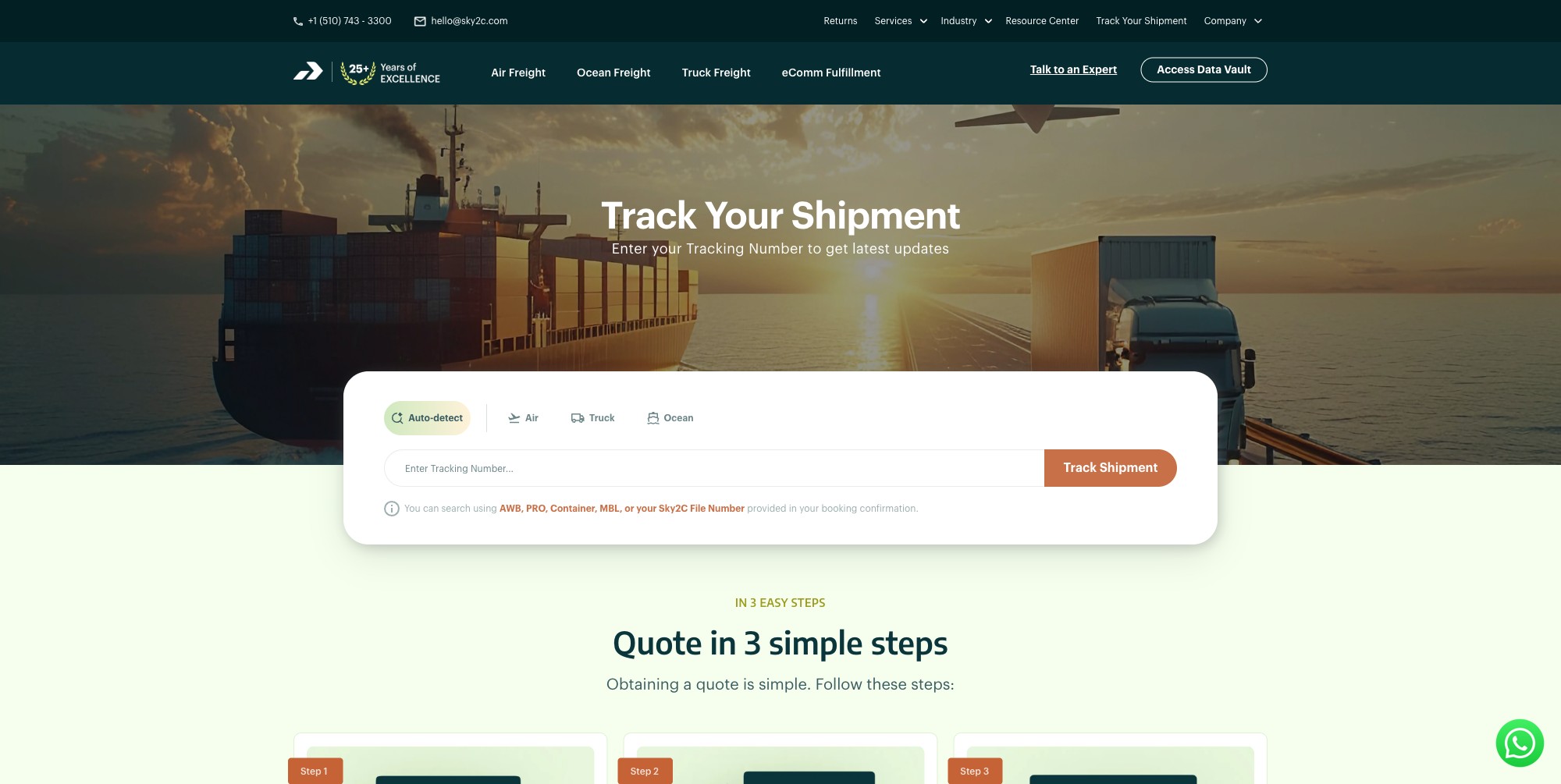 Sky2C shipment tracking page with auto-detection across air, truck, and ocean