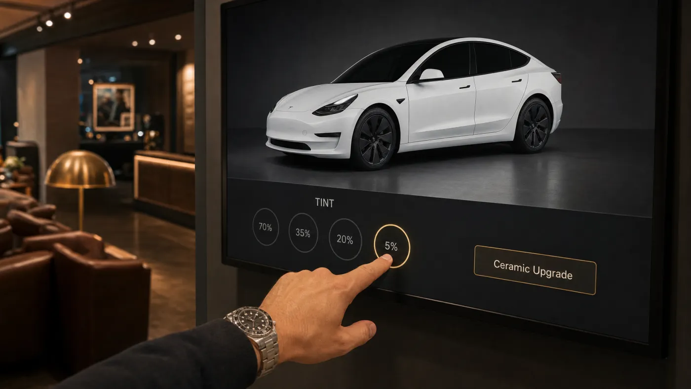 A customer viewing tint options on a lobby screen