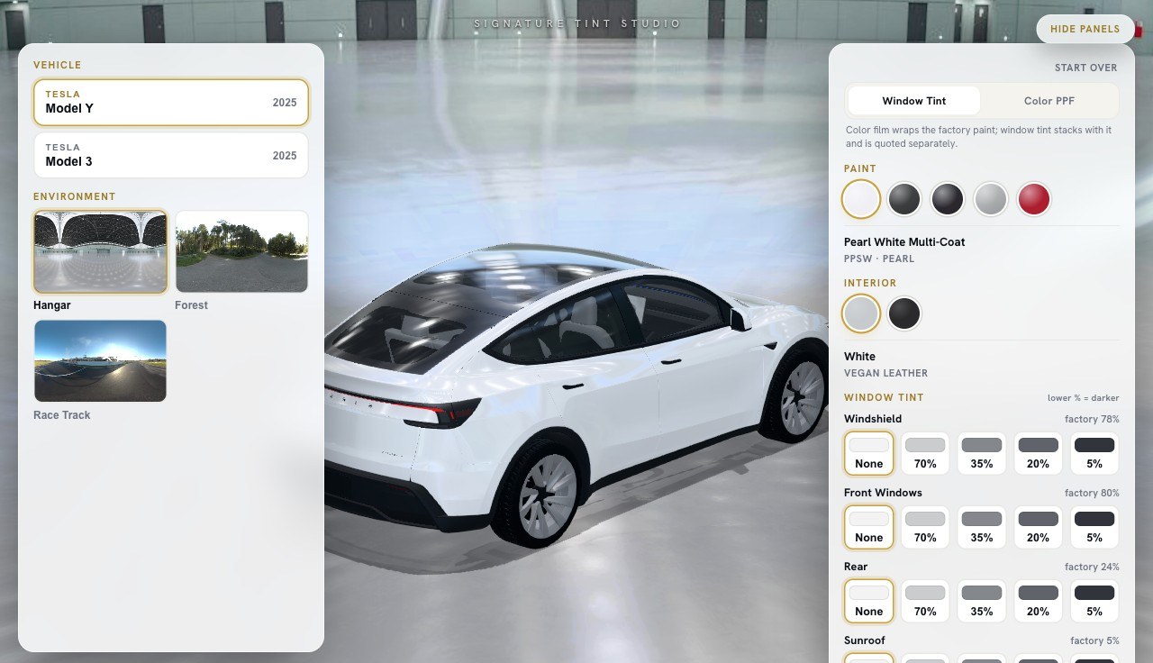The Signature Studio 3D configurator: a Tesla Model Y with paint, interior and per-window tint controls